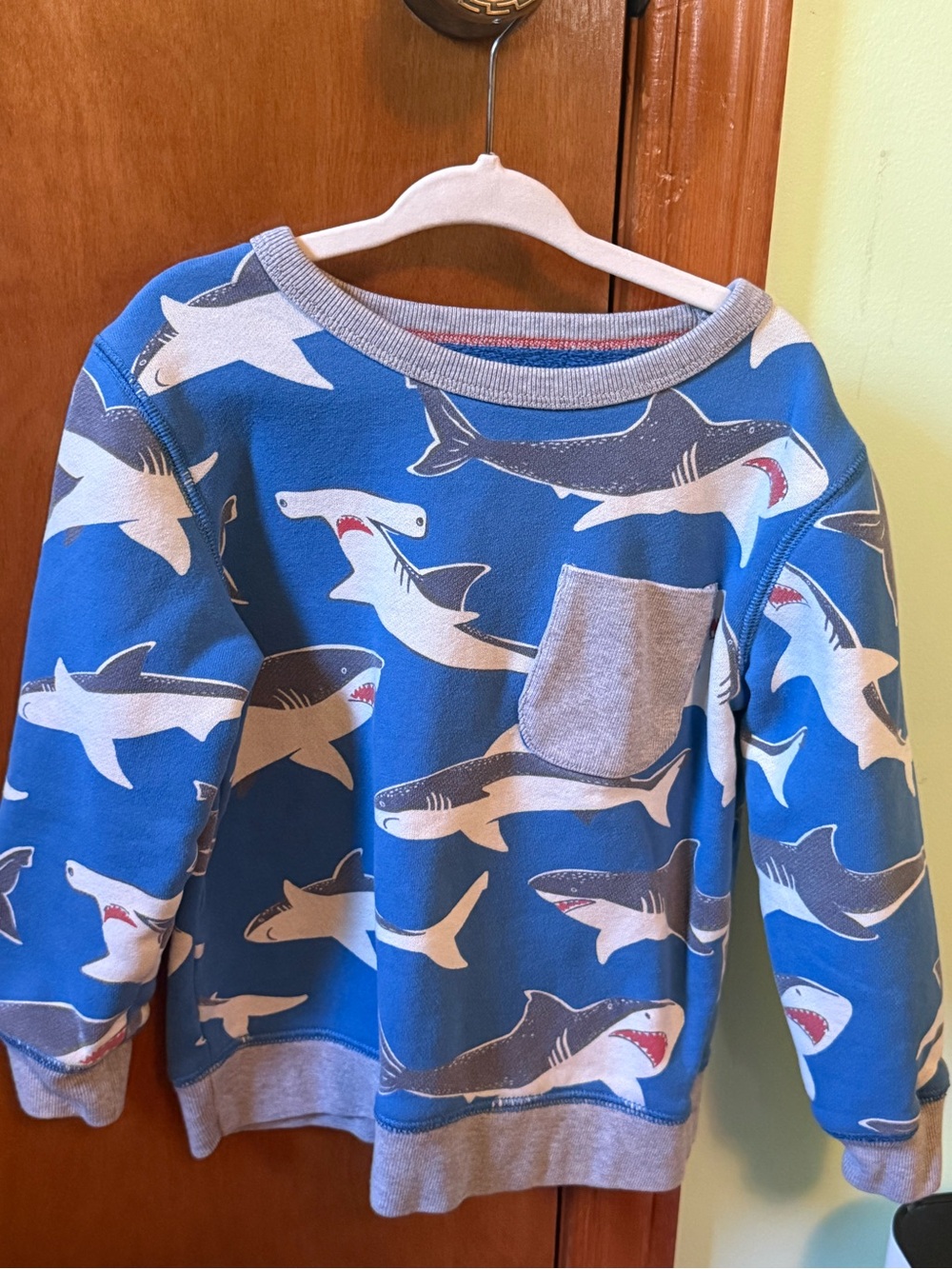 Mini Boden Blue Shark Print Sweatshirt with Gray Pocket
